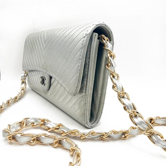 Authentic CHANEL CC Chevron Timeless Caviar Flap Wallet Chain Purse Silver Bag - Picture 5 of 14
